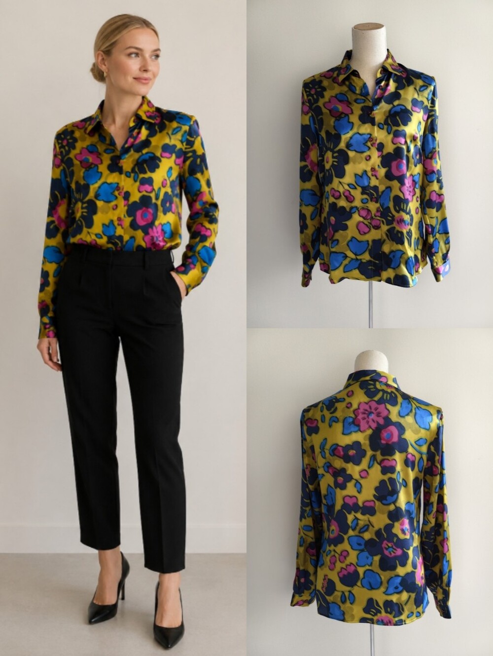 Like New Zanetti 100% Silk Floral Button-Up Blouse Top In Yellow, Blue & Pink